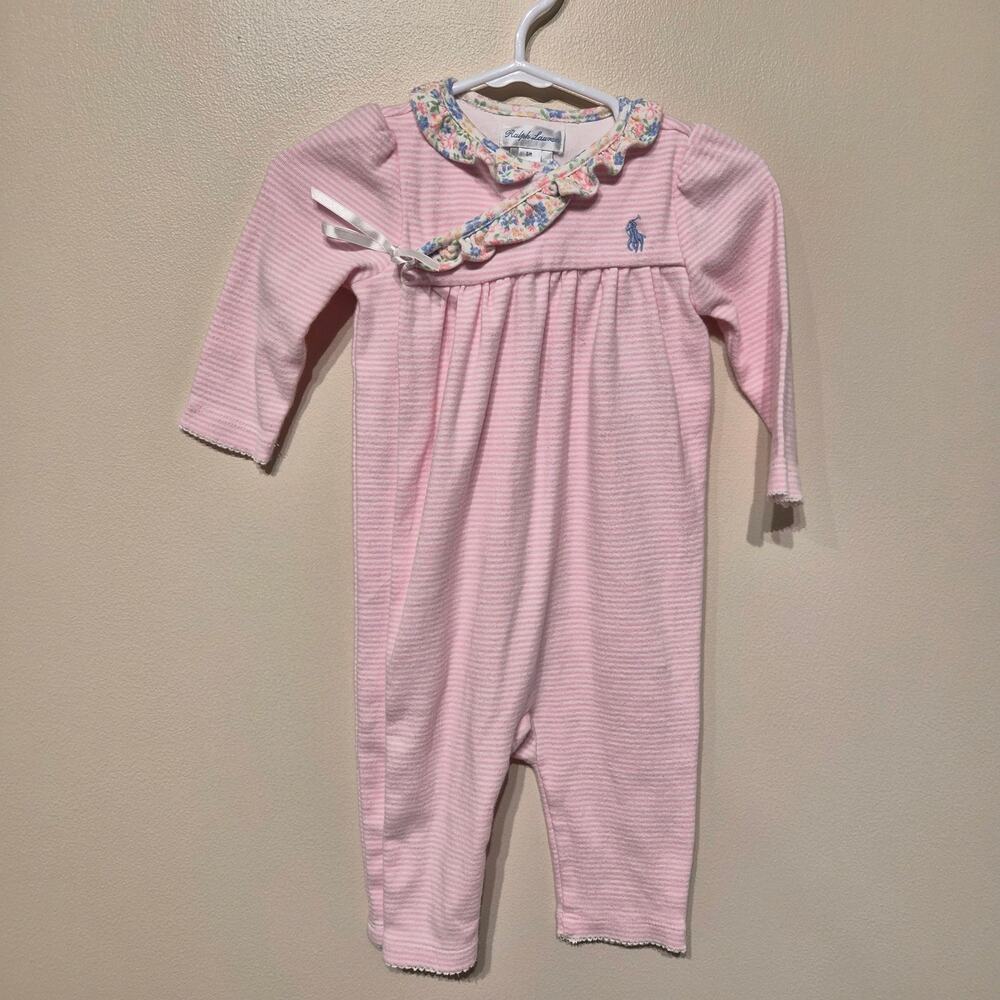 Ralph Lauren 6 Month Striped Cotton Coverall Baby Girl Pink Ruffles